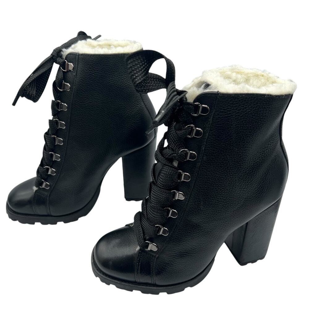 Schutz Womens 8.5 Zhara Leather Boots Black Lace Up Faux Fur Combat Lug 4.25 " - Picture 10 of 10